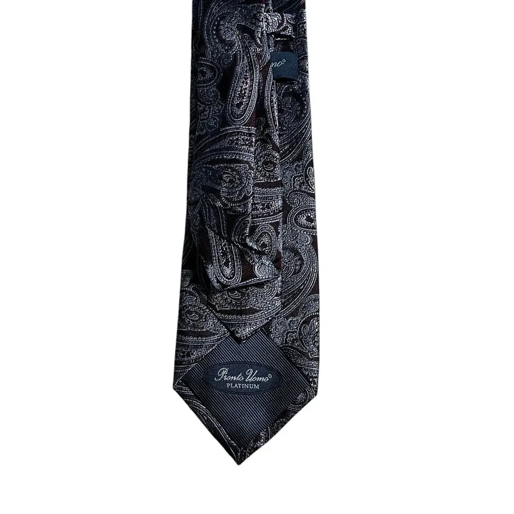 Pronto Uomo Platinum Maroon Silver Presley Pattern Silk Tie